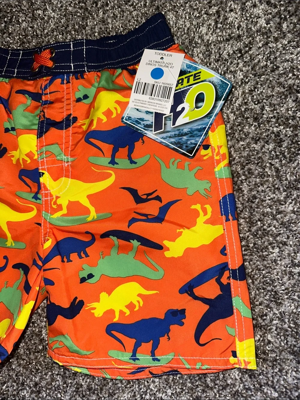 Bright Orange Dino Swim Trunks for Kids with Navy Waistband
